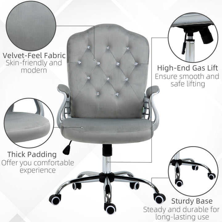 Velvet-Feel Work Chair, with Diamante Back - Grey