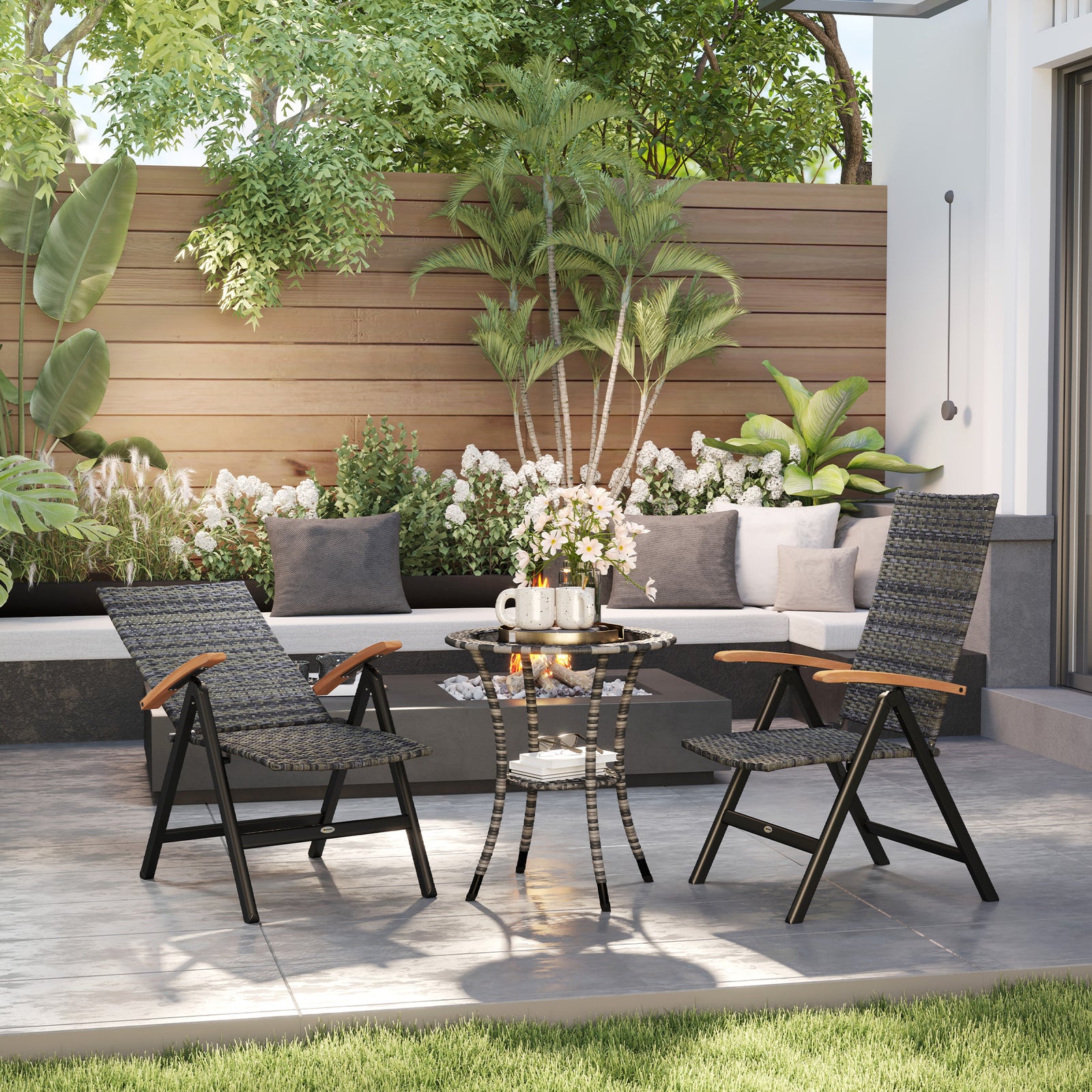 2 Pieces Folding Rattan Garden Dining Chairs with 5-level Reclining High Back, Wood Armrests for Outdoor - Mixed-grey