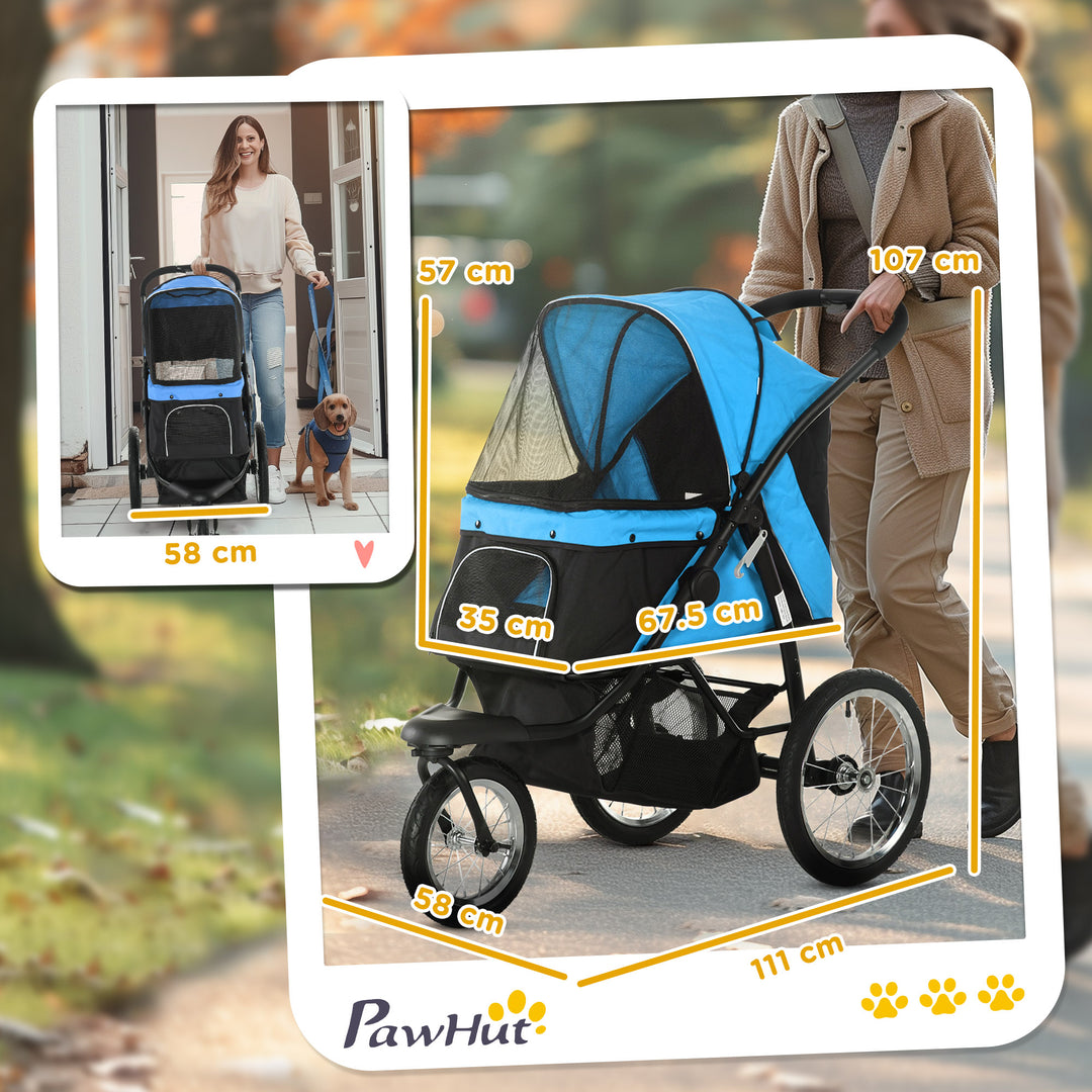 PawHut Pet Stroller Dog Pram Foldable Dog Pushchair Cat Travel Carriage w/ Adjustable Canopy, Wheels, for Medium Small Pets, Blue