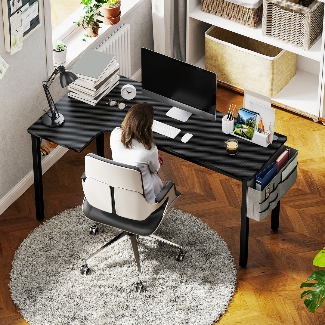 L-Shaped Computer Gaming Desk with Fabric Bag, Hooks and Cable Management, 145 x 81 x 76cm - Black