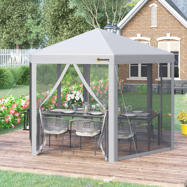 Outsunny 3 x 3(m) Pop Up Gazebo Hexagonal Foldable Canopy Tent Outdoor Event Shelter with Mesh Sidewall, Adjustable Height and Roller Bag, Grey