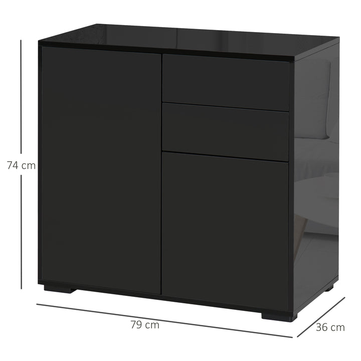 High Gloss Frame Sideboard, Push-Open Design with 2 Drawers for Living Room, Bedroom, 74H x 79W x 36Dcm, Black
