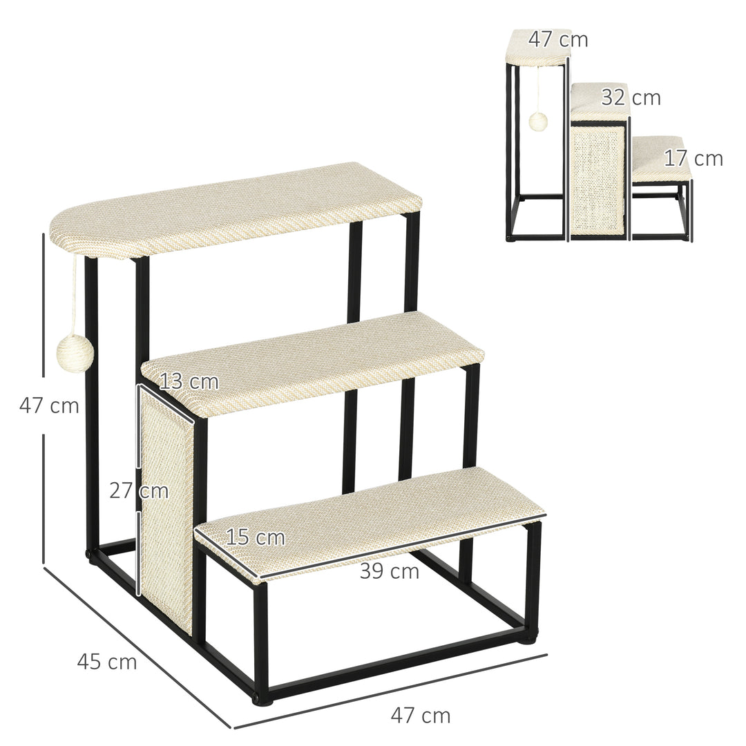 PawHut Cat Steps with 3 Levels, Sisal Scratch Pad, Play Ball, Sturdy Steel Frame, 47x45x47cm, Cream | Aosom UK