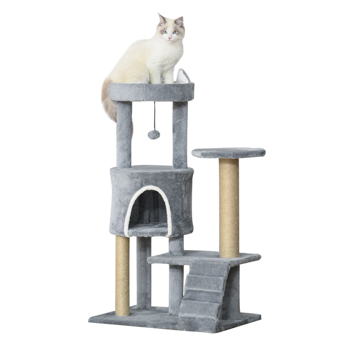 PawHut 100cm Cat Tree Tower Condo Multi Platform Kitty Cat Center with Climbing Ladder Scratching Post Hanging Toy Ball, Light Grey | Aosom UK