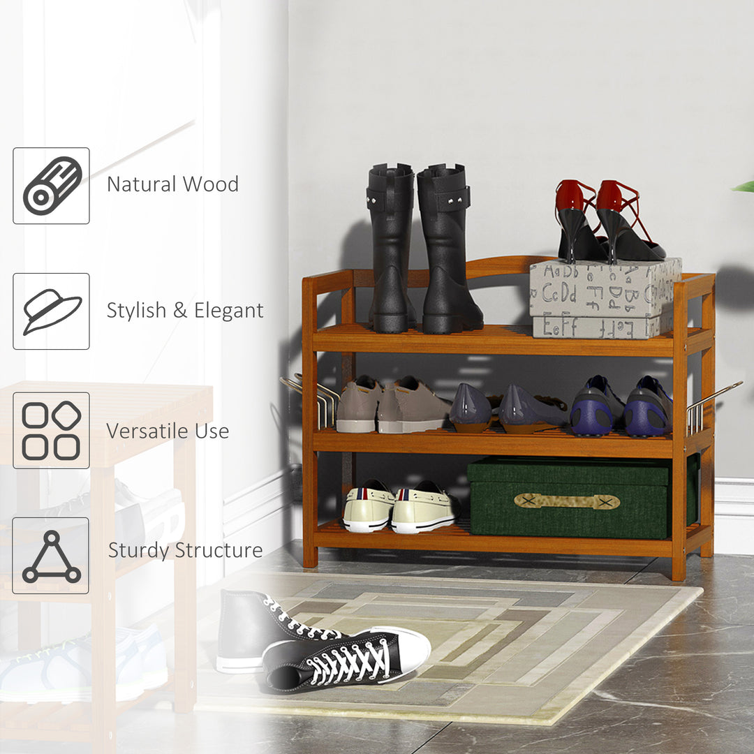3-Tier Shoe Rack, Acacia Wooden Shoe Storage Organiser with 2 Hangers, Holds up to 12 Pairs, for Entryway, Living Room, 74 x 26 x 62 cm, Teak