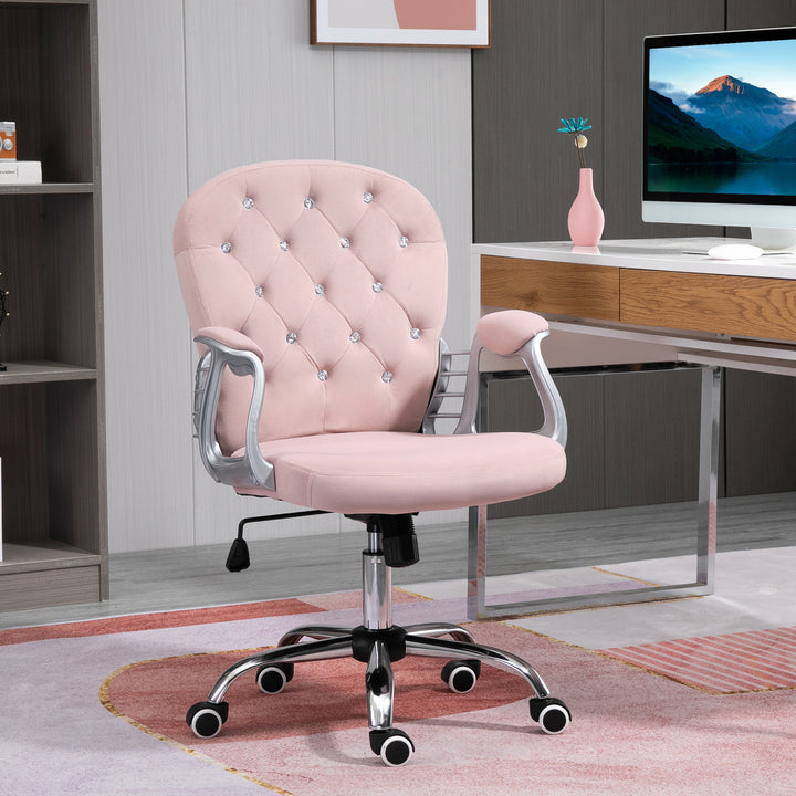 Vinsetto Ergonomic Desk Chair 360° Swivel Diamond Tufted Home Work Velour Padded Base 5 Castor Wheels, Pink