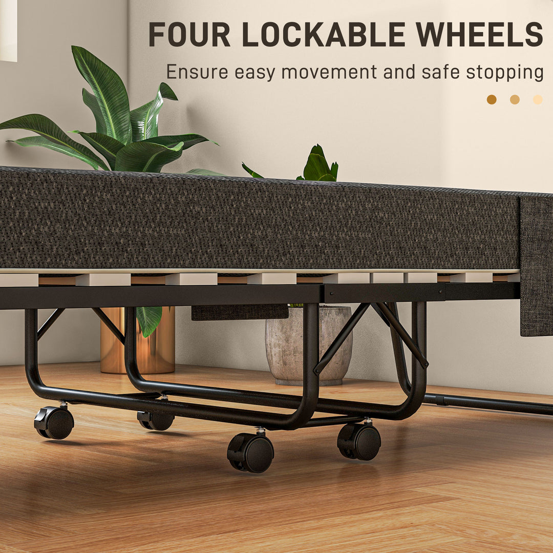 Single Steel Frame Folding Bed, with Wheels - Black/Grey
