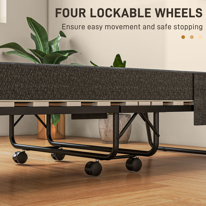 Single Steel Frame Folding Bed, with Wheels - Black/Grey