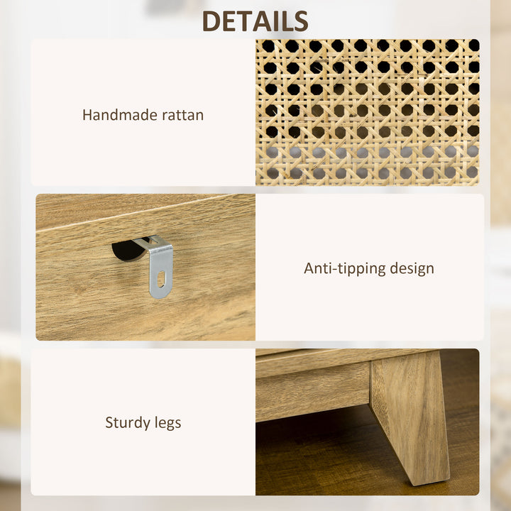 Narrow Rattan Nightstand, Side End Table with Shelf and Cupboard, 39cm x 35cm x 60cm, Natural