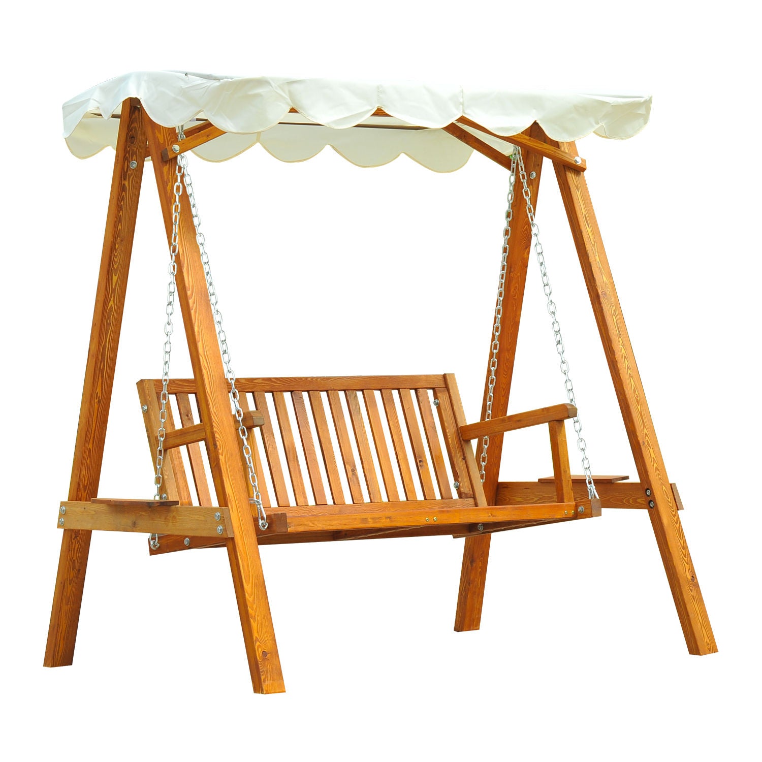 2 Seater Garden Swing Seat with Canopy, Wooden Swing Chair, Outdoor Hammock Bench for Balcony Patio Porch, Cream White