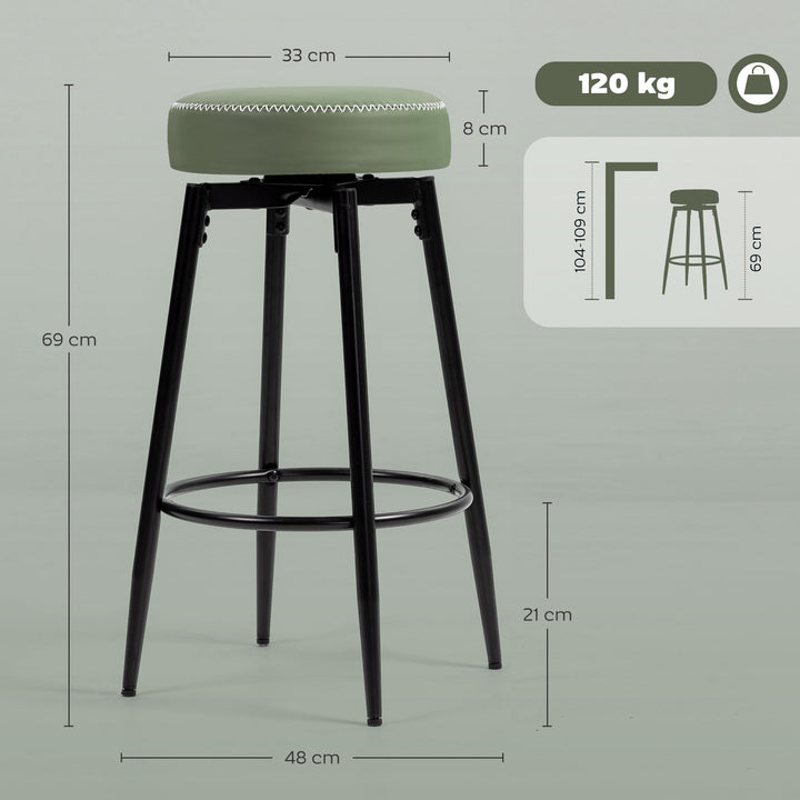 Set of Two Faux Leather Bar Stools - Green/Black
