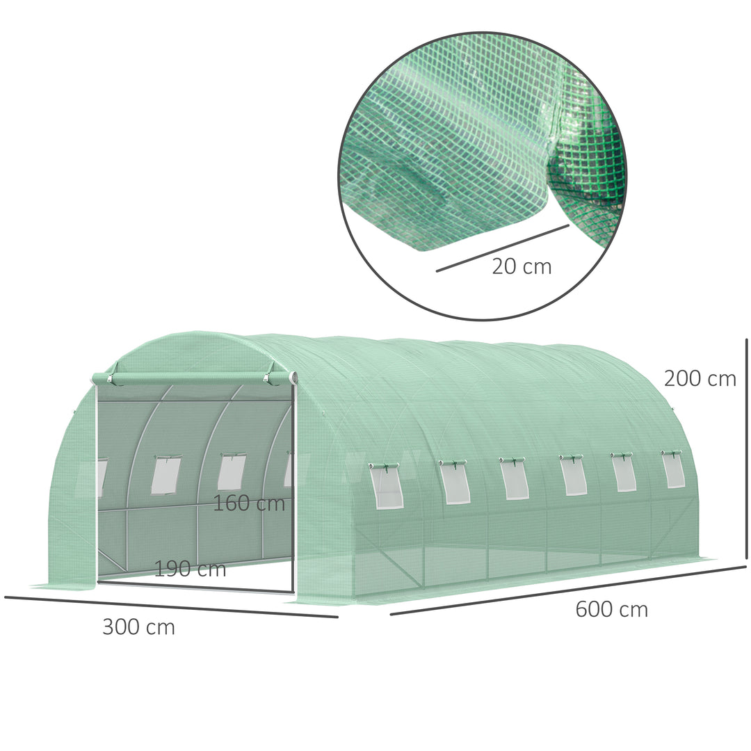 Outsunny 6 x 3 x 2 m Large Walk-In Greenhouse Garden Polytunnel Greenhouse with Steel Frame, Zippered Door and Roll Up Windows, Green | Aosom UK