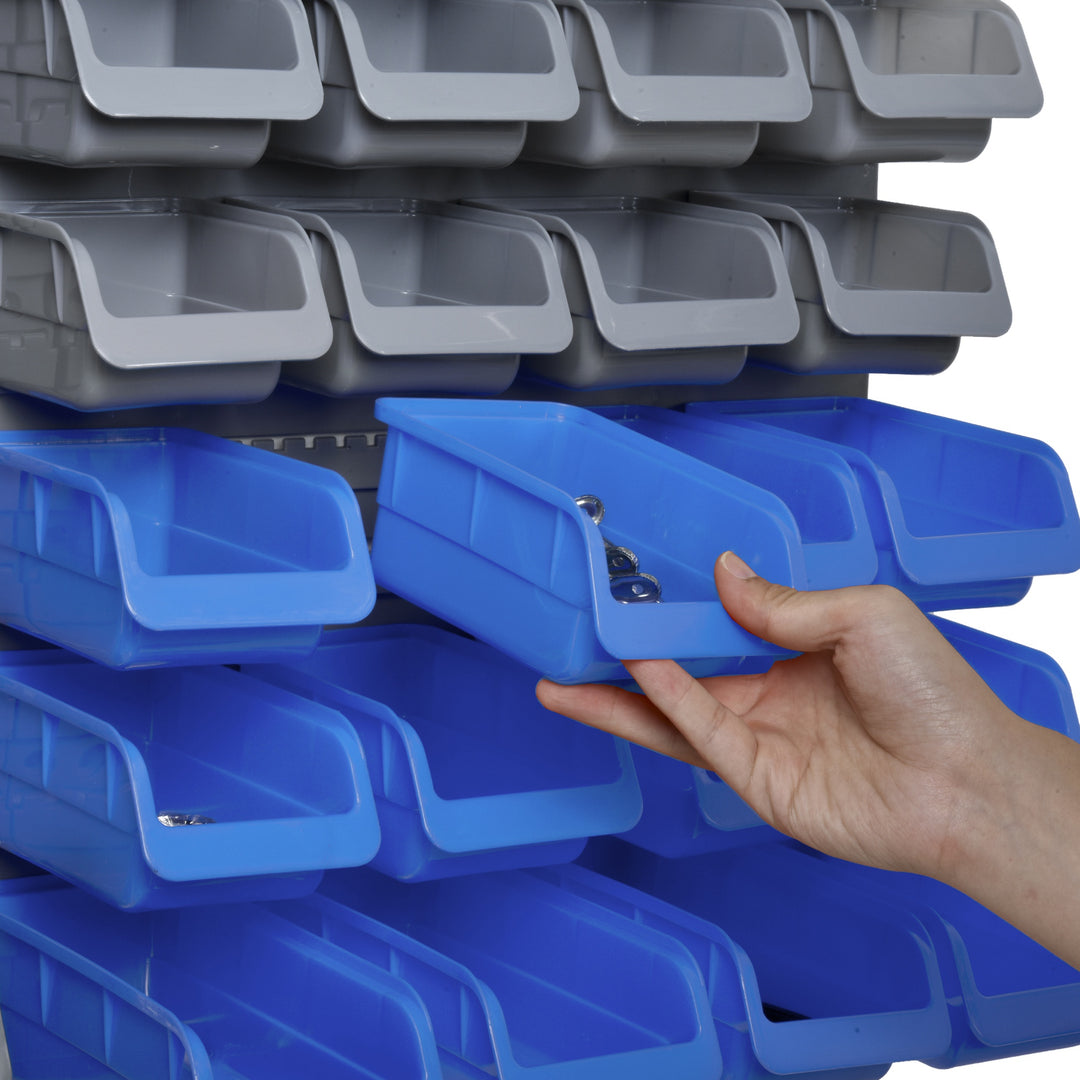 44 Piece Wall Mounted Tool Rack Organiser Storage Bins and Panel Set with Shelf Hook Screws Accessories Blue