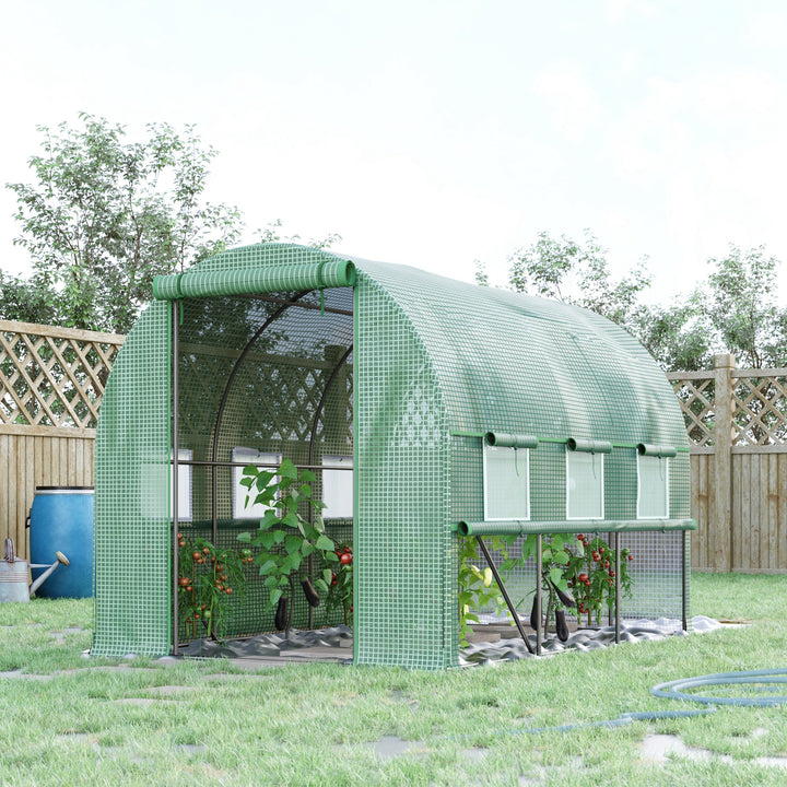 Outsunny Walk In Greenhouse, Garden Polytunnel with PE Cover, Zipped Roll Up Door and 6 Mesh Windows, 3x2x2m, Green | Aosom UK