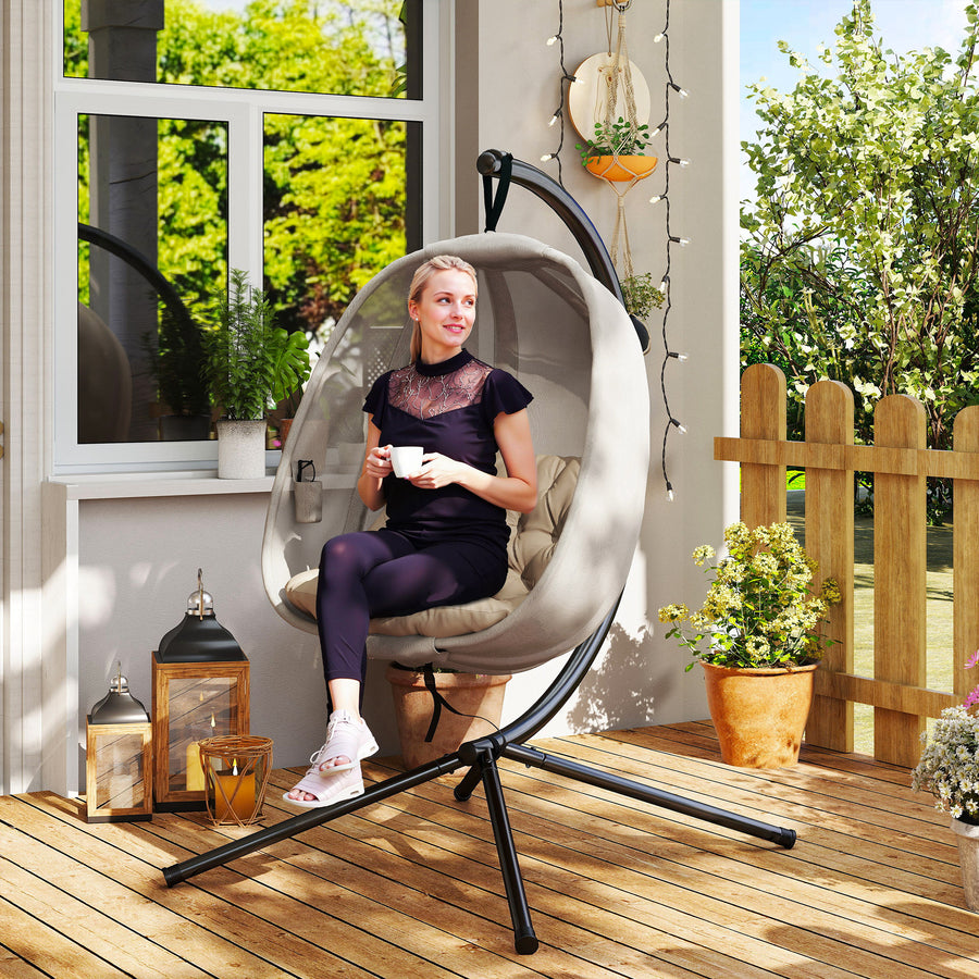 Hanging Egg Chair, Folding Texteline Swing Hammock with Side Pocket, Cushion and Stand for Indoor Outdoor, Patio Garden Furniture, Khaki
