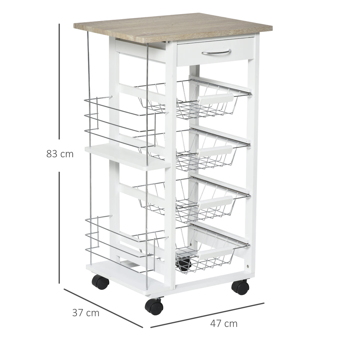 Rolling Kitchen Cart, Utility Storage Cart with 4 Basket Drawers & Side Racks, Wheels for Dining Room, Natural and White