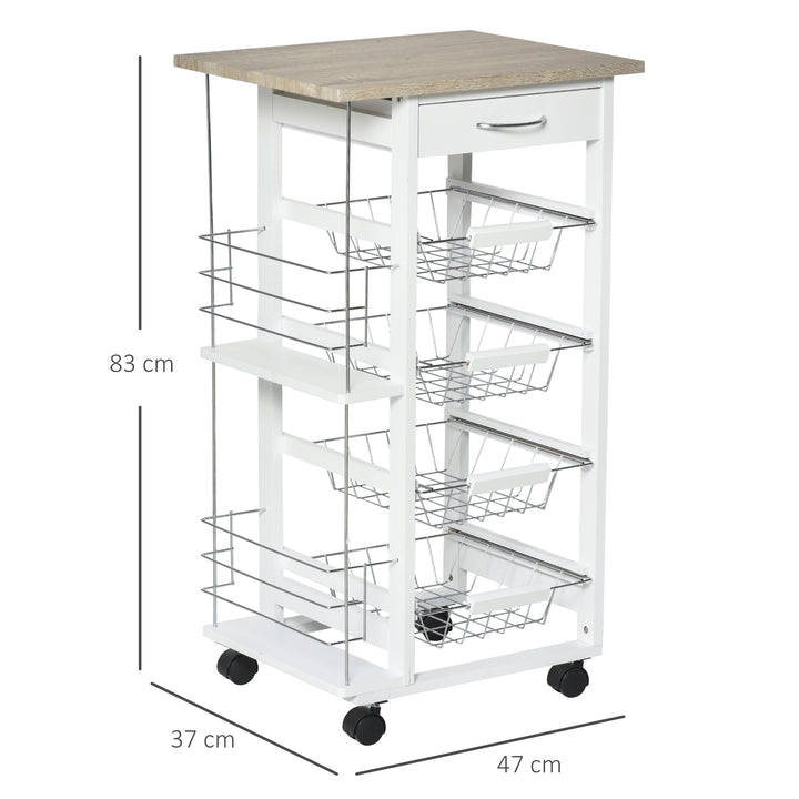 Rolling Kitchen Cart, Utility Storage Cart with 4 Basket Drawers & Side Racks, Wheels for Dining Room, Natural and White