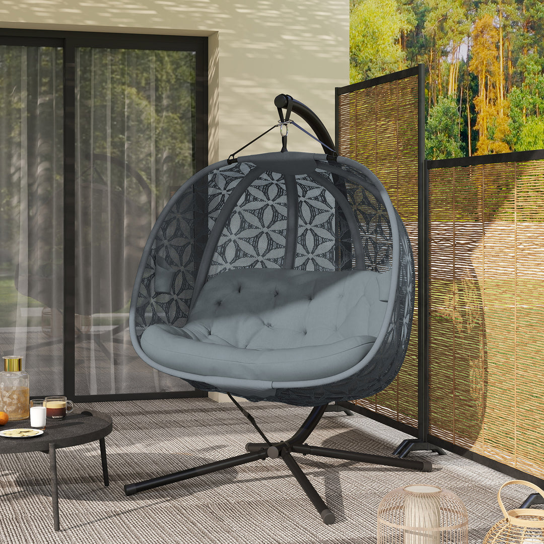 Outdoor Double Hanging Chair with Cushion and Cup Holders, Charcoal Grey