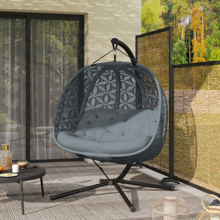 Outdoor Double Hanging Chair with Cushion and Cup Holders, Charcoal Grey