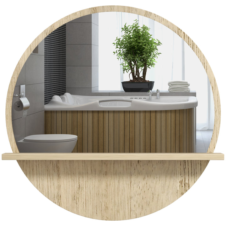 kleankin Decorative Wall Mirror: 45cm Circular Bathroom Mirror with Storage Shelf, Wooden Frame, Natural Wood Effect | Aosom UK