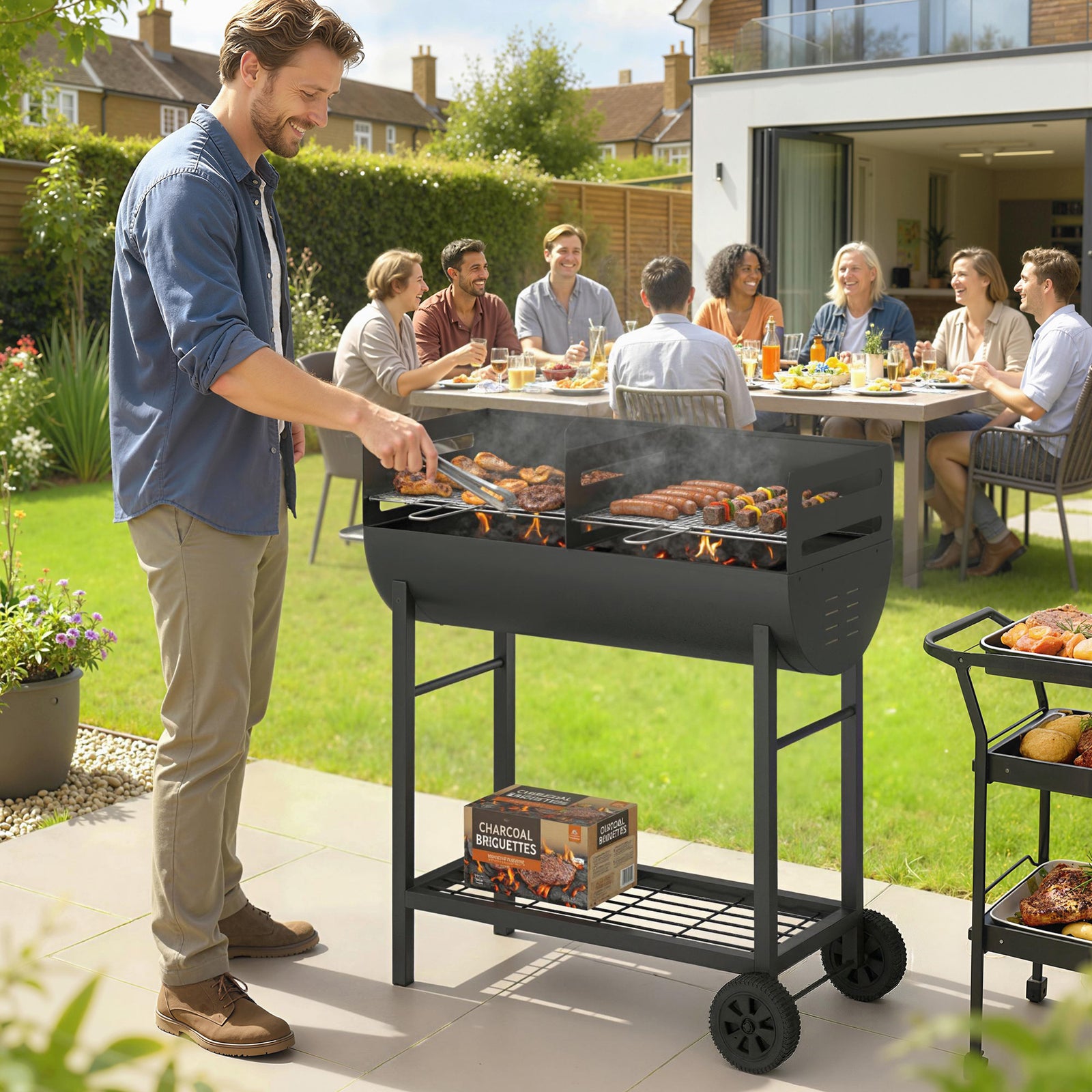 Charcoal Barbecue Grill with 2 Cooking Areas, Portable BBQ Trolley wit