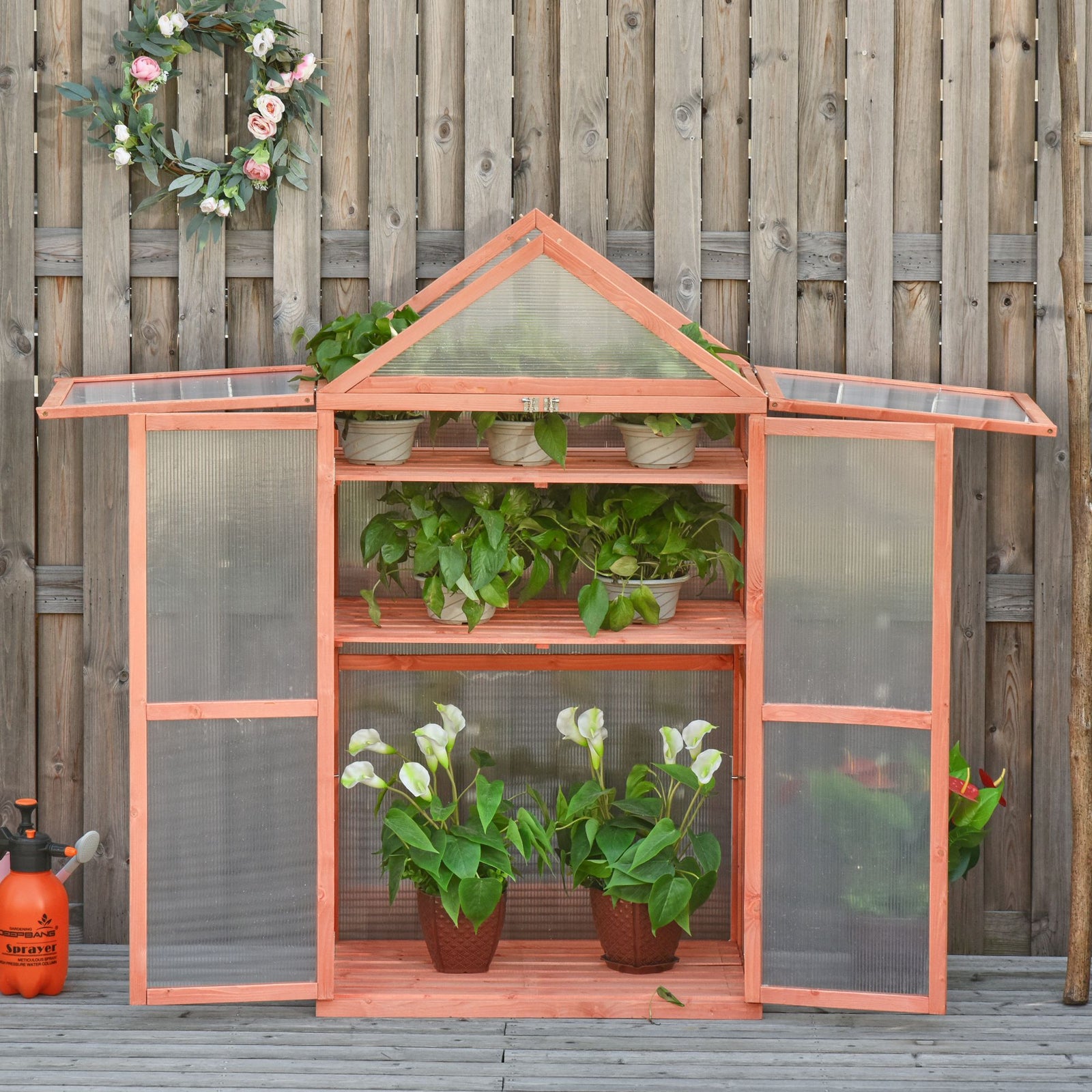 Garden Cold Frame Polycarbonate Greenhouse with Adjustable Shelves, Double Doors, Openable Top Covers, Grow House for Flower Vegetable Plants, 80 x 47 x 138cm, Orange