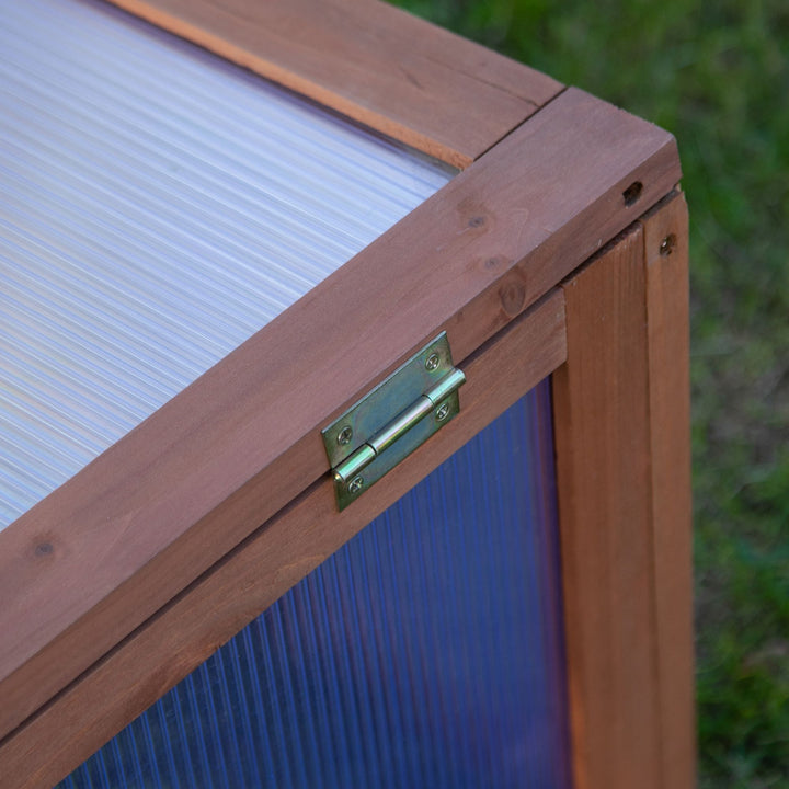 Wooden Cold Frame, Small Polycarbonate Greenhouse for Plants with Openable & Tilted Top Cover, Brown, 100 x 65 x 40cm
