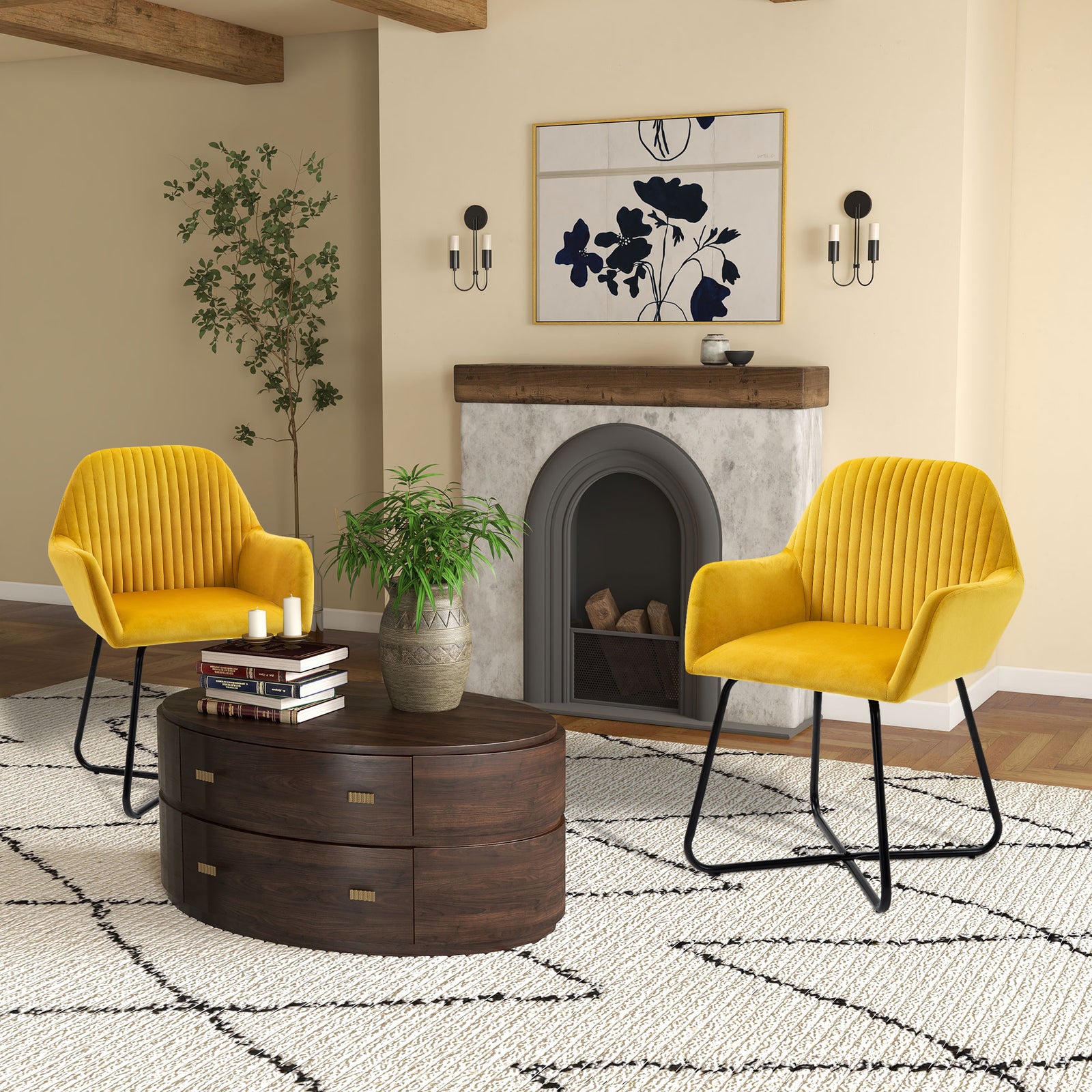 Velvet-Feel Plisse Back Accent Chair - Yellow
