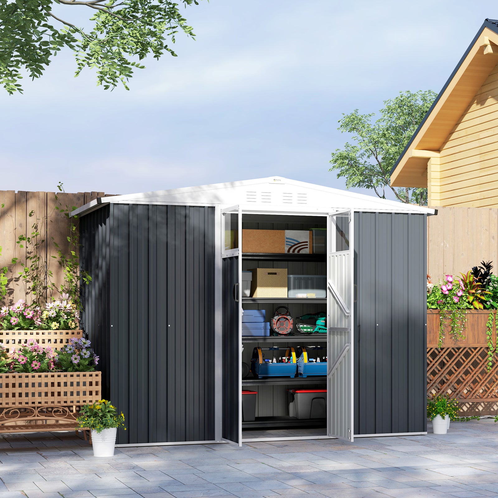 8 x 4 ft Metal Garden Shed, Garden Storage Shed with Window, 4 Vents and Lockable Door, Waterproof Galvanised Steel Tool Storage Shed, Dark Grey