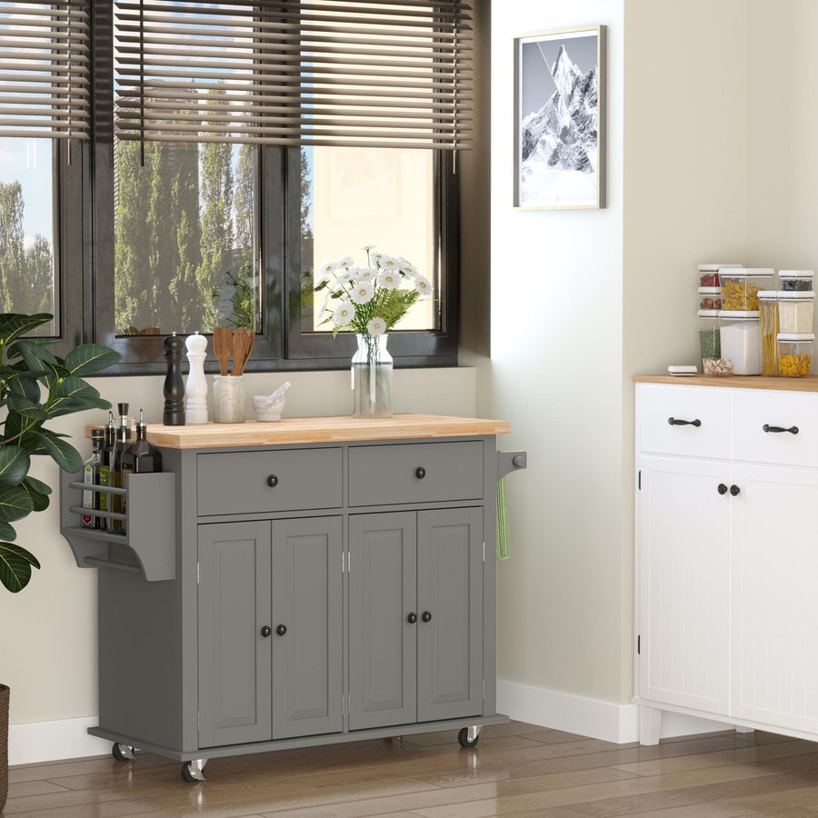 Rolling Kitchen Island Storage Trolley with Rubber Wood Top & Drawers for Dining Room, Grey