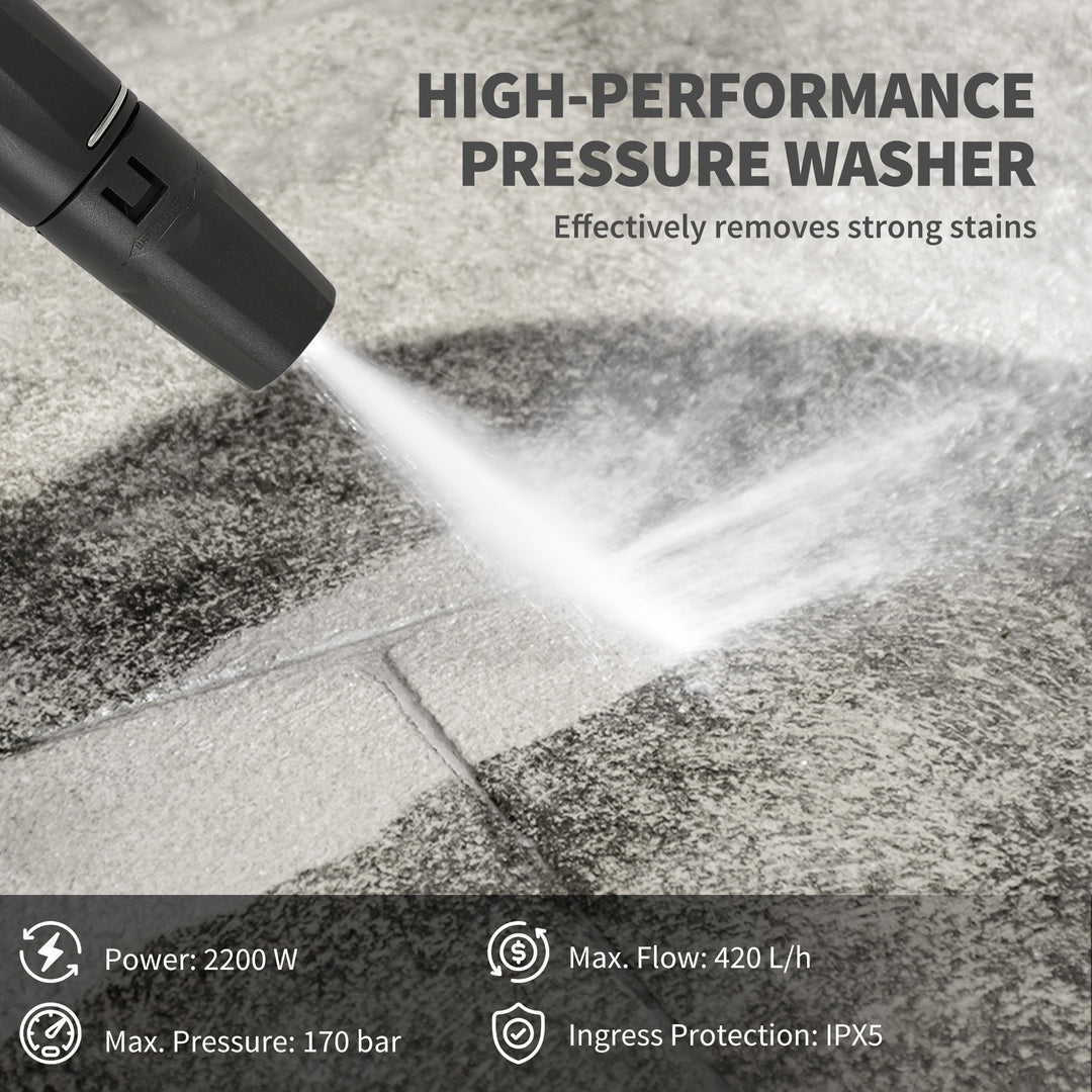 MCL 2200W High Pressure Washer, 170 Bar Pressure, 420 L/h Flow, Portable Electric Power Washer Jet Wash Cleaner with Adjustable Nozzle 6M Hose and Hose Reel for Home Patio Car Driveway