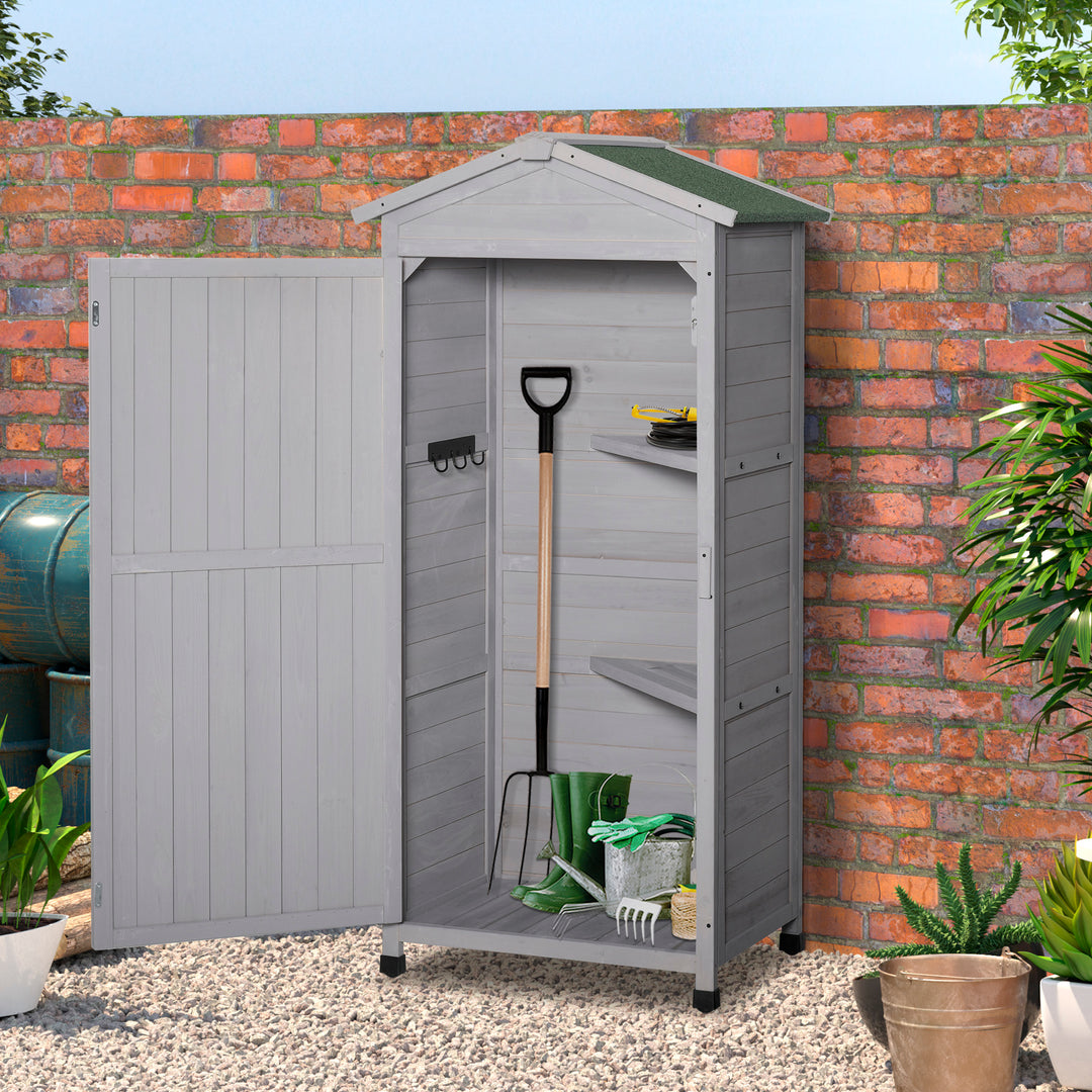 Wooden Garden Shed, Outdoor Storage Cabinet with 2 Shelves and Hooks, Locking Organiser Outdoor Narrow Tool House, 74x55x155cm, Grey