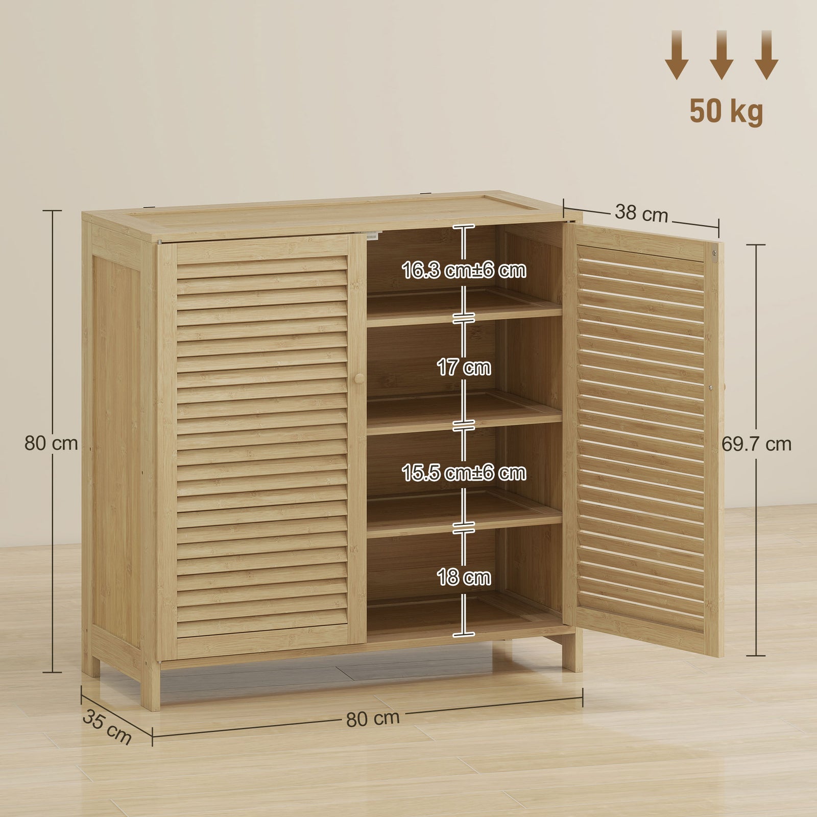 Bamboo Shoe Cabinet with Louvered Doors, 14 Pairs Shoe Storage Cabinet