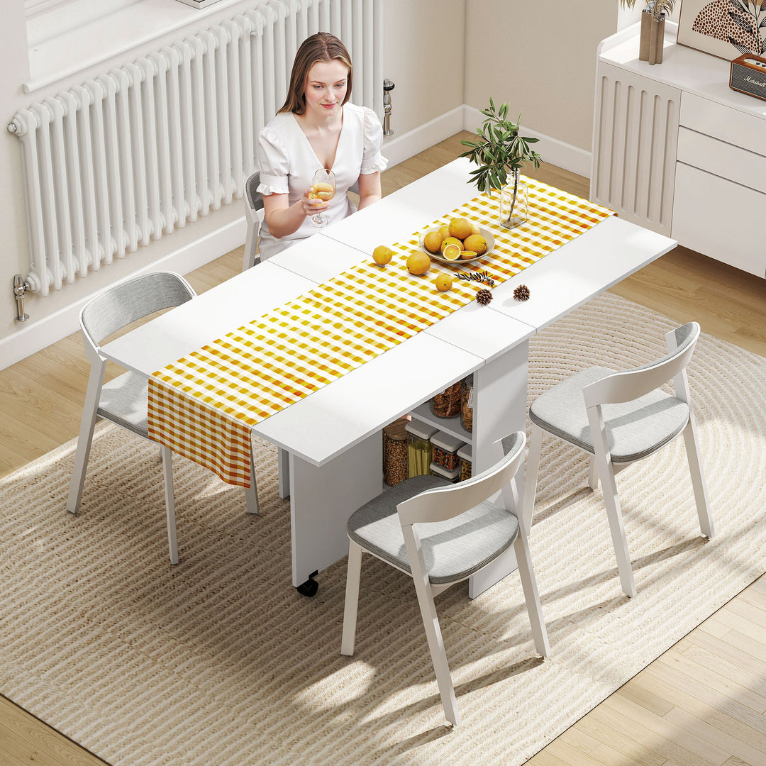 MCL Folding Dining Table, Drop Leaf Table with 2-Tier Shelves, Rolling Casters, for Small Spaces, Kitchen, White