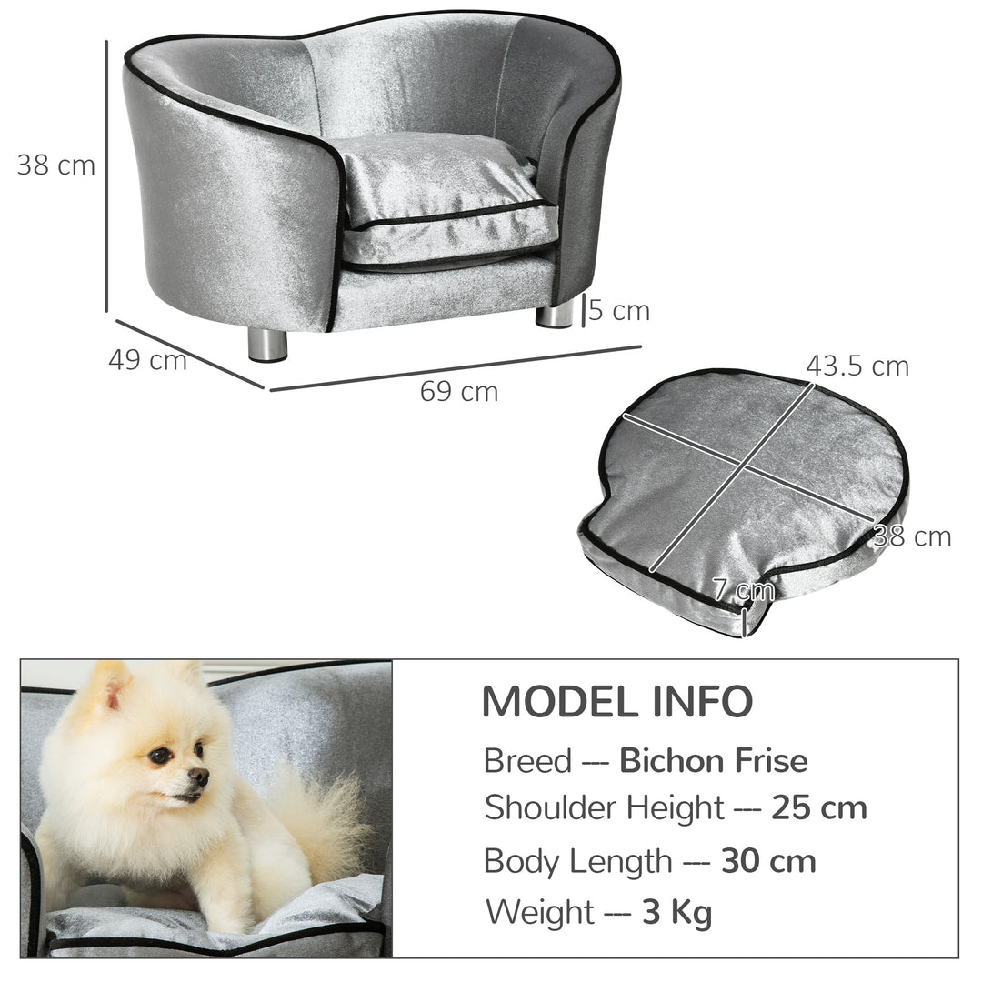 Dog Sofa Pet Chair, Kitten Bed Couch w/ Wooden Frame, Removable Cushion - Silver-Tone and Grey