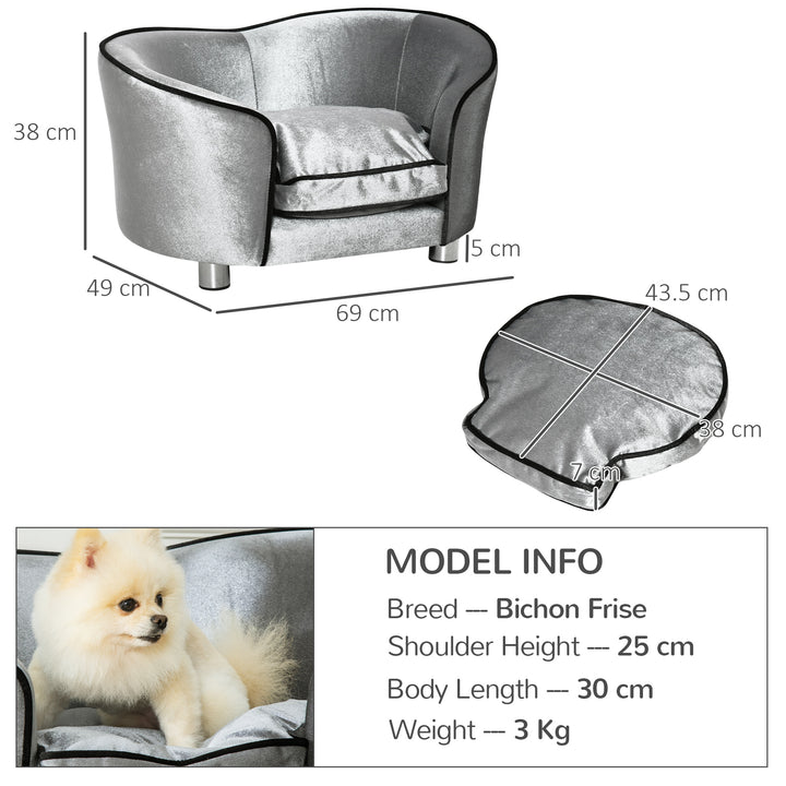 Dog Sofa Pet Chair, Kitten Bed Couch w/ Wooden Frame, Removable Cushion - Silver-Tone and Grey