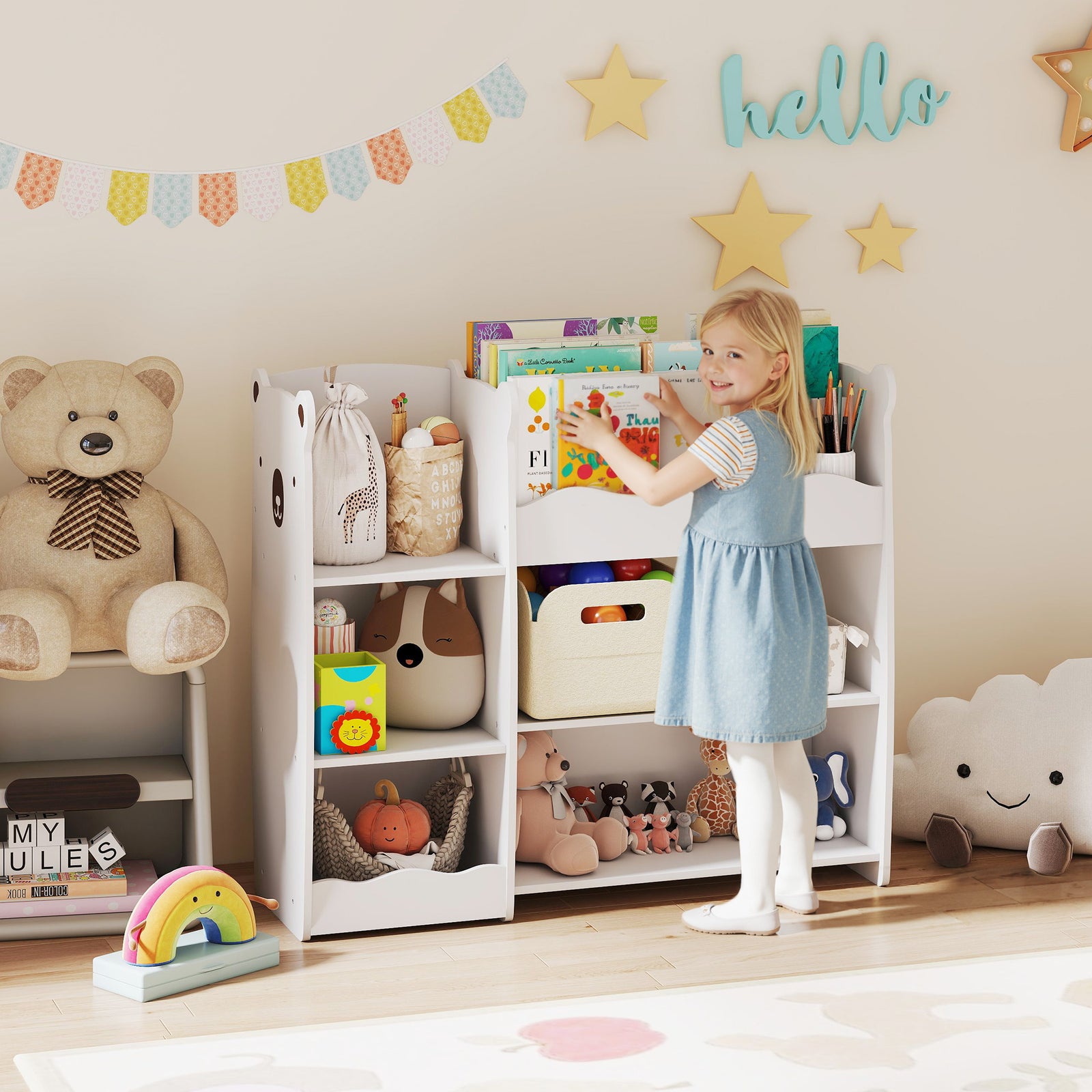 Kids Toy Storage Unit, Bear Design Kids Bookshelf and Toy Organiser, f
