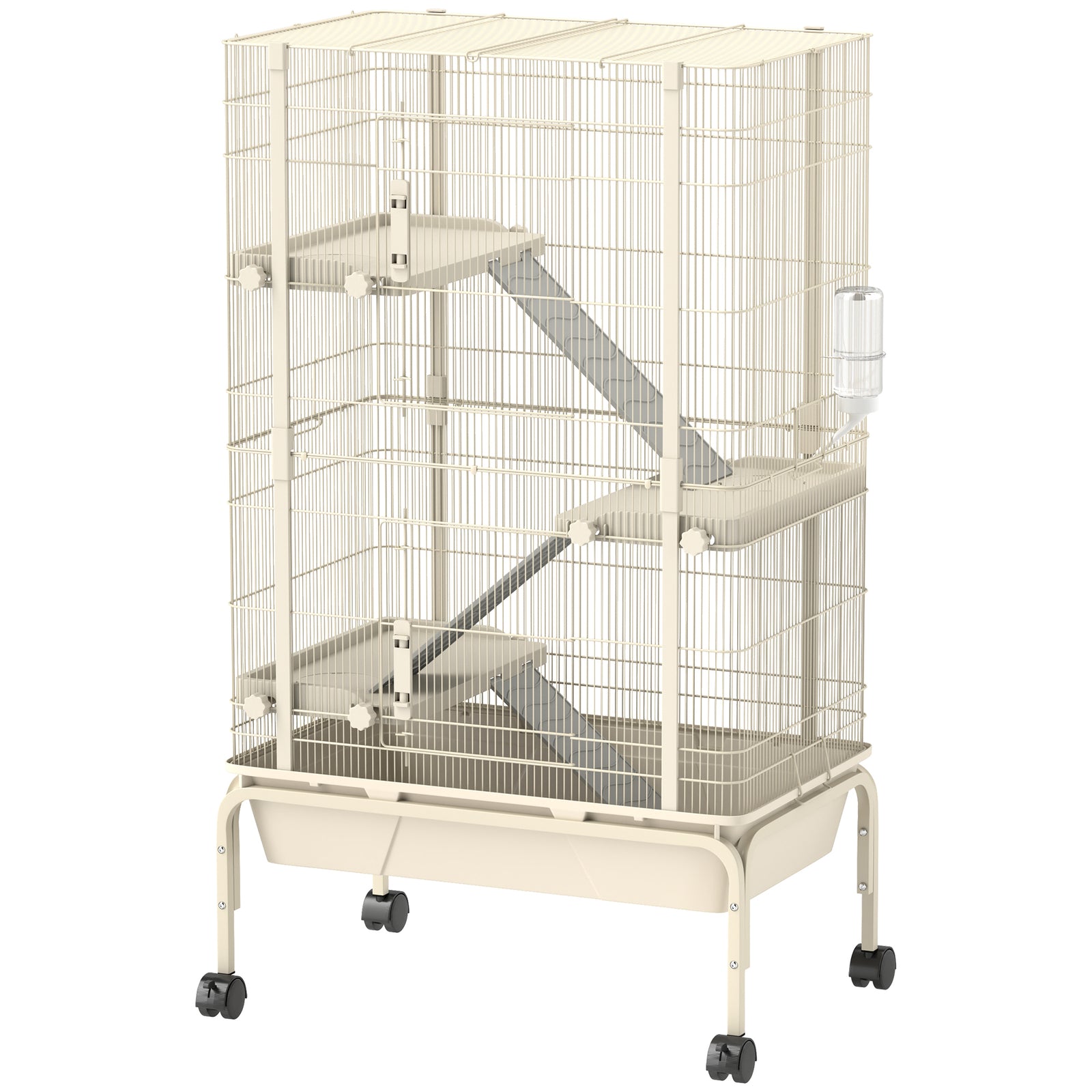 4-Level Rolling Small Animal Cage, Rabbit Cage with 3 Ramps, Water Bottle, Food Dish, 15cm Deep Tray, Beige