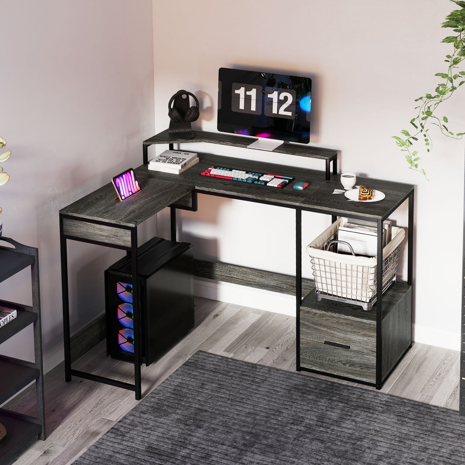 Industrial 'L' Shaped Multi-Work Desk - Charcoal Grey