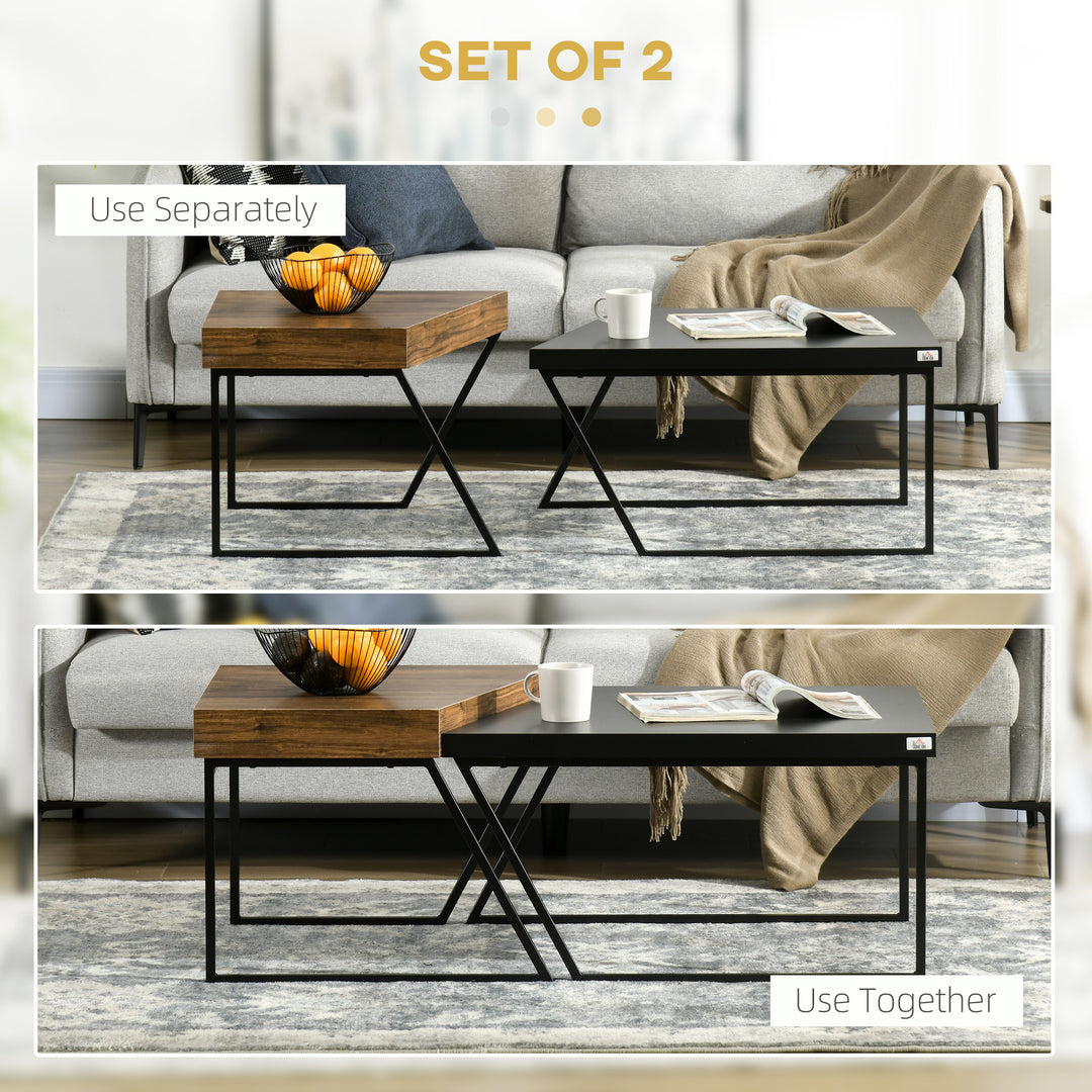 Coffee Table Set of 2, Industrial Nesting Table with Steel Frame and 8cm Thick Tabletop, Sofa Side End Table for Living Room, Rustic Brown
