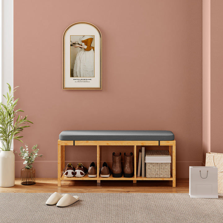 Bamboo Shoe Bench, Entryway Storage Bench with Padded Cushion and Open