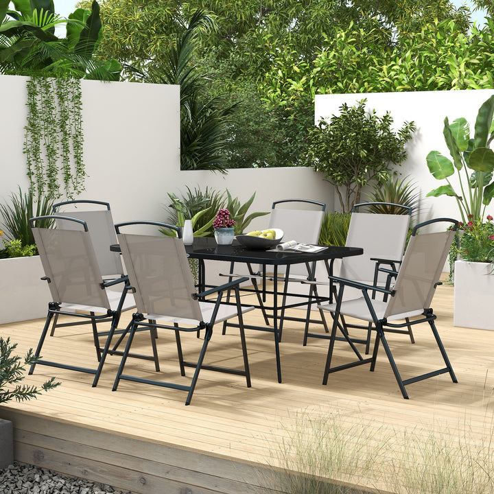 Outsunny 7 Pieces Metal Garden Furniture Set with Folding Chairs, Patio Dining Set, 6 Seater Outdoor Table and Chairs with Tempered Glass Top, Grey