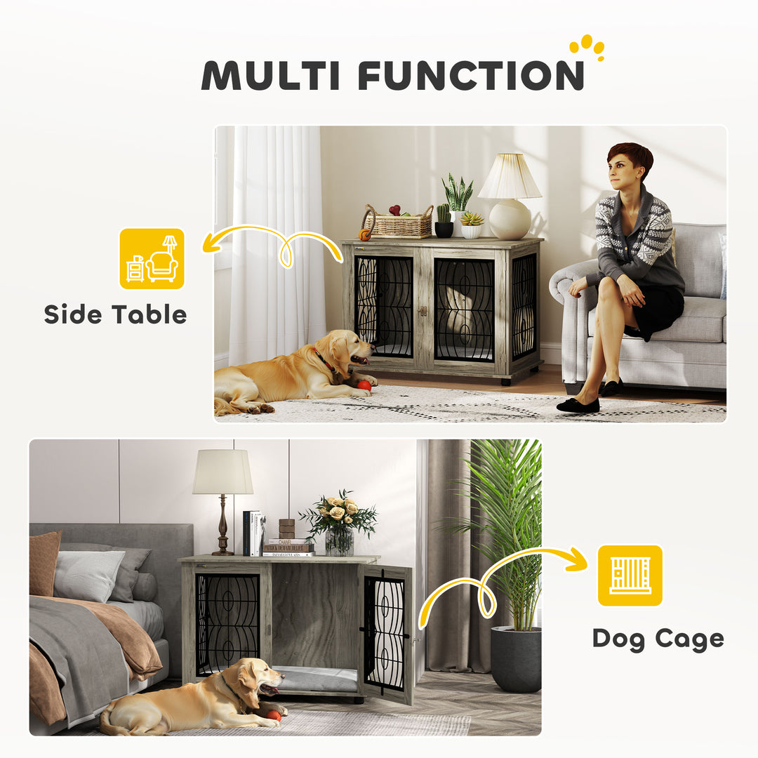 Indoor Dog Crate Furniture End Table with Soft Washable Cushion, Lockable Front Door, for Large Dogs - Grey