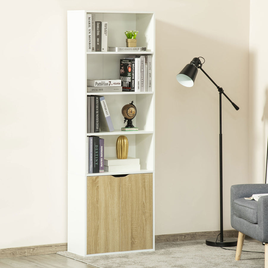 6-Tier Tall Bookcase, Bookshelf with 4 Open Shelves and Double Door Storage Cabinet, Freestanding Display Rack for Living Room, Bedroom, Home Office, Study, 59 x 29 x 180cm, White and Oak