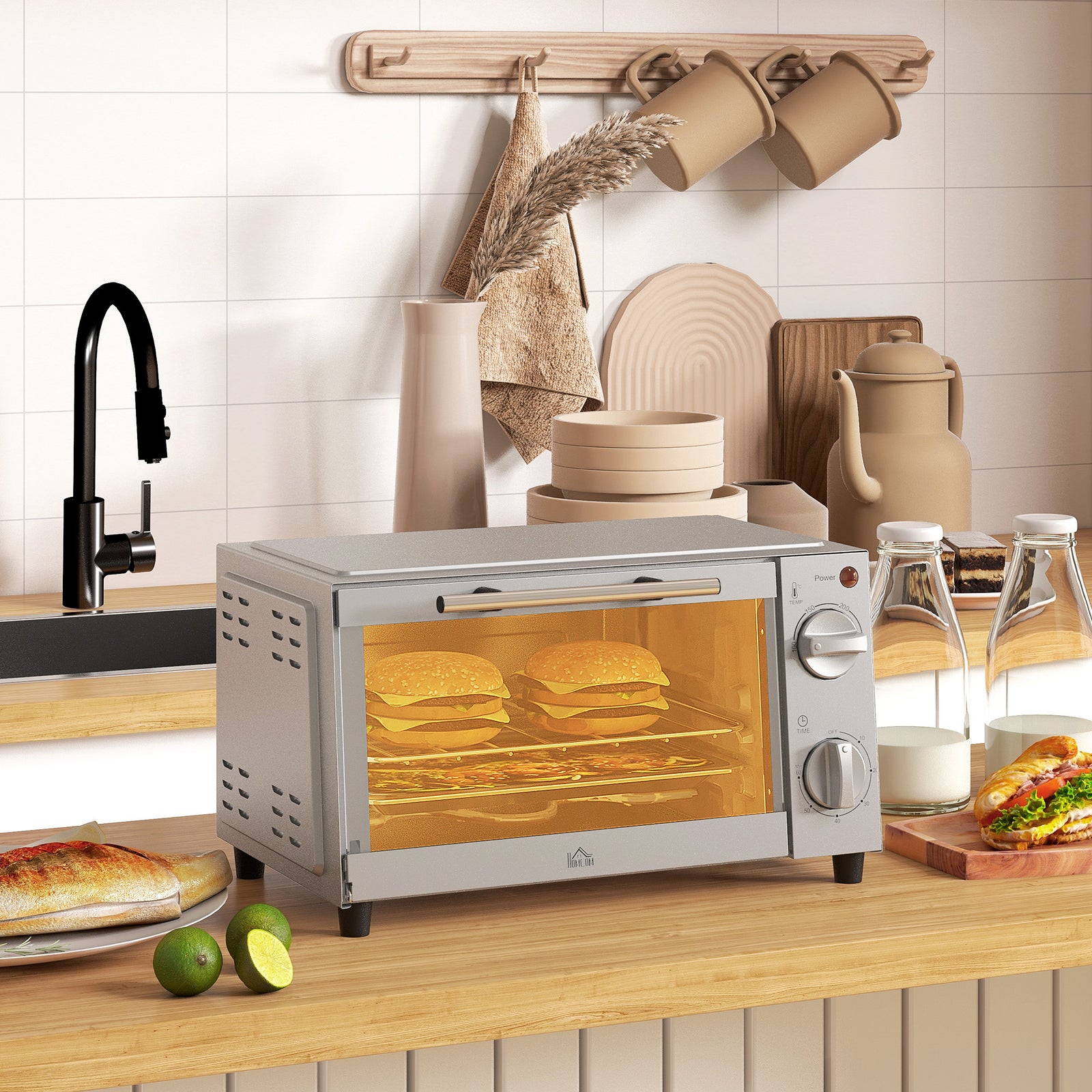 Mini Oven, 9L Countertop Electric Grill, Toaster Oven with Adjustable Temperature, Timer, Dishwasher Safe Baking Tray and Wire Rack, 750W, Silver