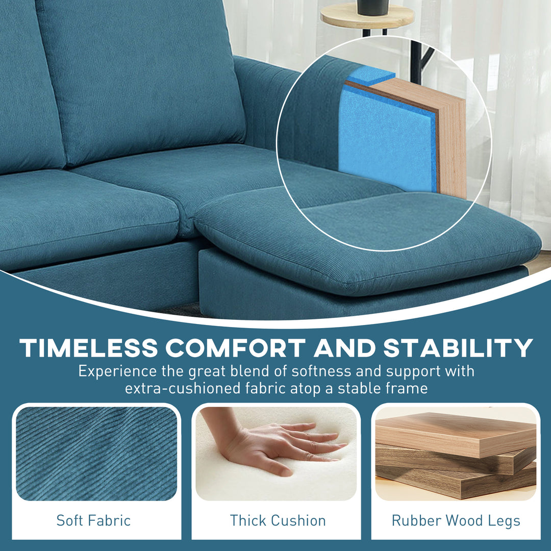 3 Seater Sofa with Ottoman, 196cm Corduroy L-shaped Sofa Couch with Scatter Back, Reversible Chaise Lounge for Living Room, Home Office, Small Spaces, Blue