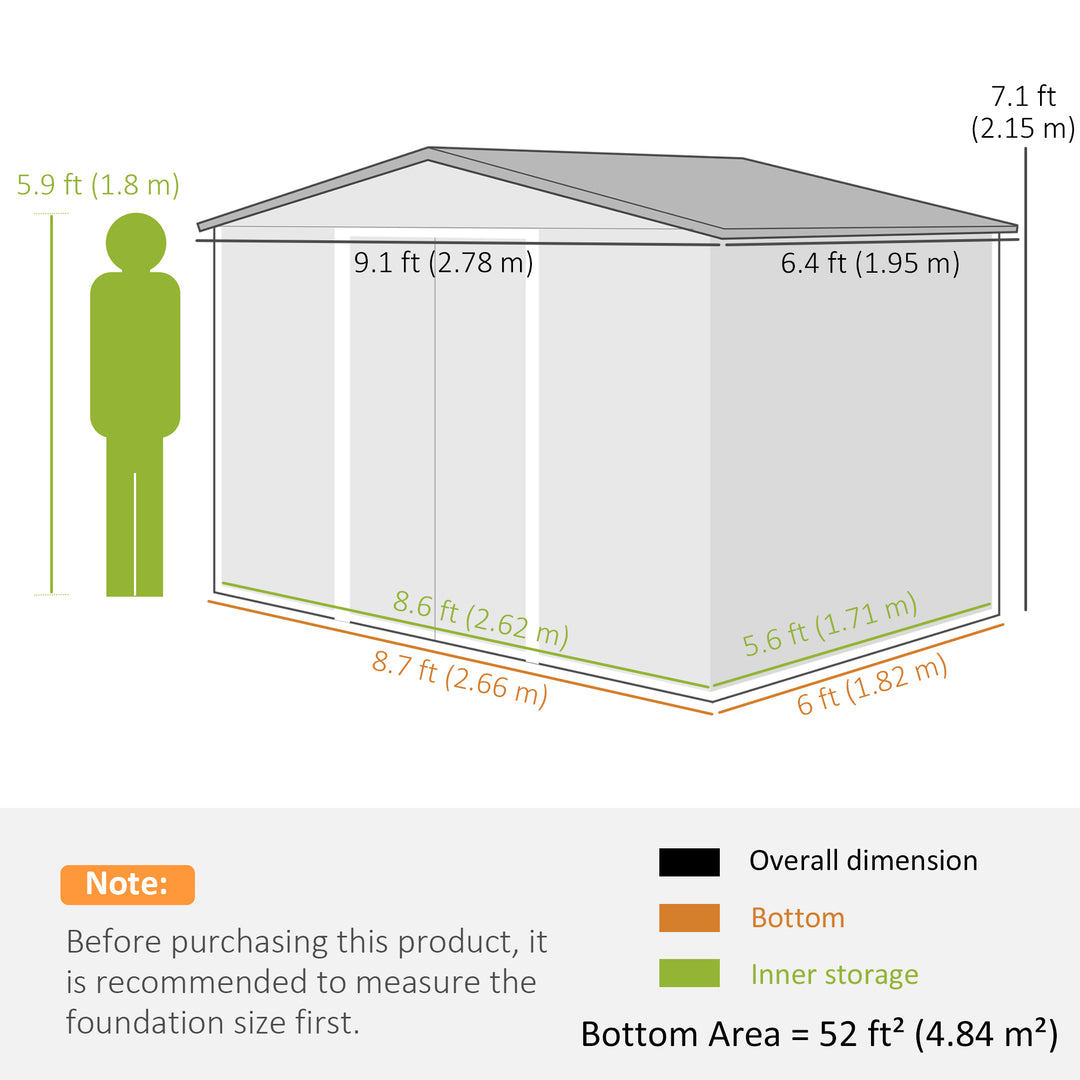 9 x 6ft Metal Garden Shed, House Hut Gardening Tool Storage with Ventilations, Sliding Door, Sloped Roof for Garden, Patio, Brown