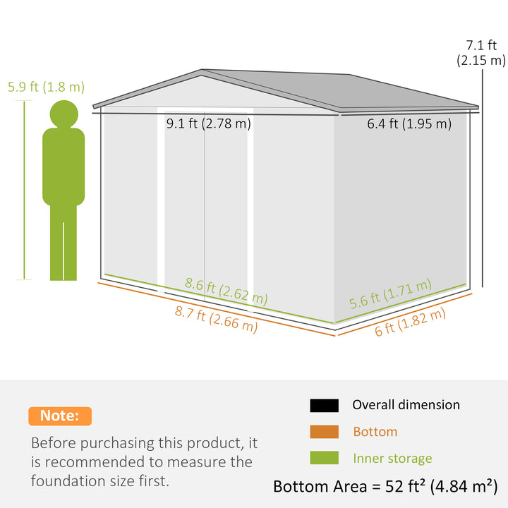 9 x 6ft Metal Garden Shed, House Hut Gardening Tool Storage with Ventilations, Sliding Door, Sloped Roof for Garden, Patio, Brown