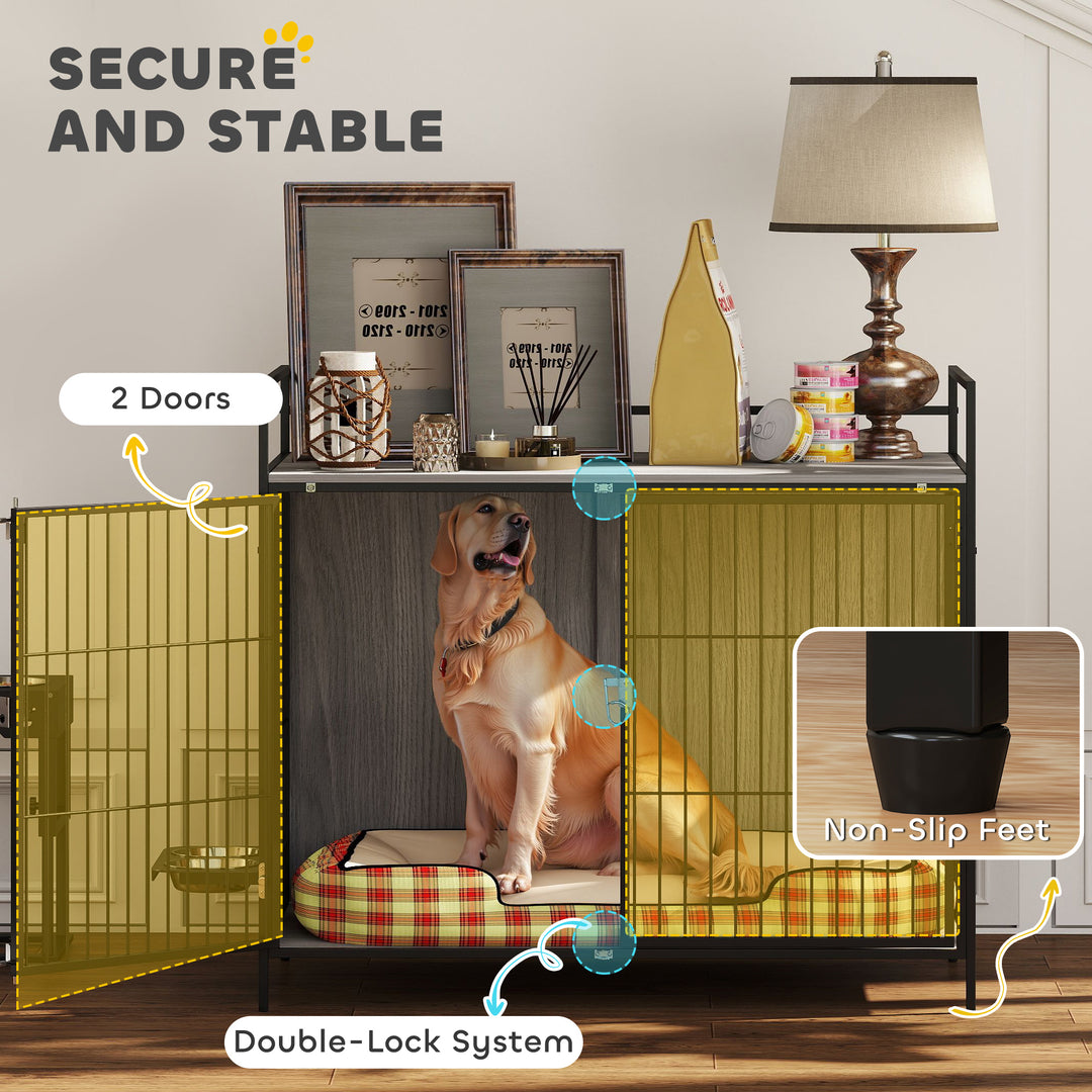 Large Dog Crate Furniture with Rotating Bowl Holder, 2 Bowls, 2 Doors, for Large Dogs, 100 x 60 x 88 cm, Grey