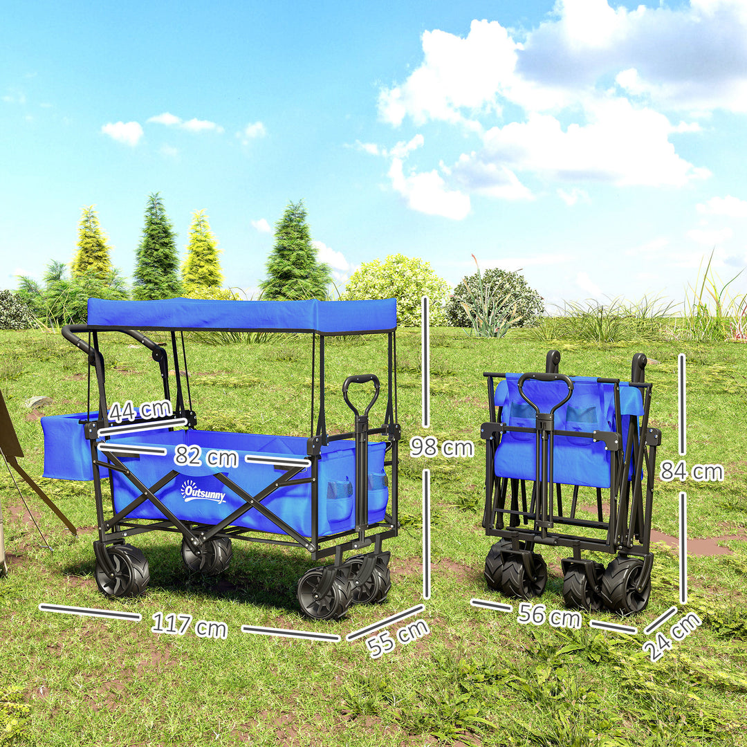 Folding Trolley Cart Storage Wagon Beach Trailer 4 Wheels with Handle Overhead Canopy Cart Push Pull for Camping, Blue